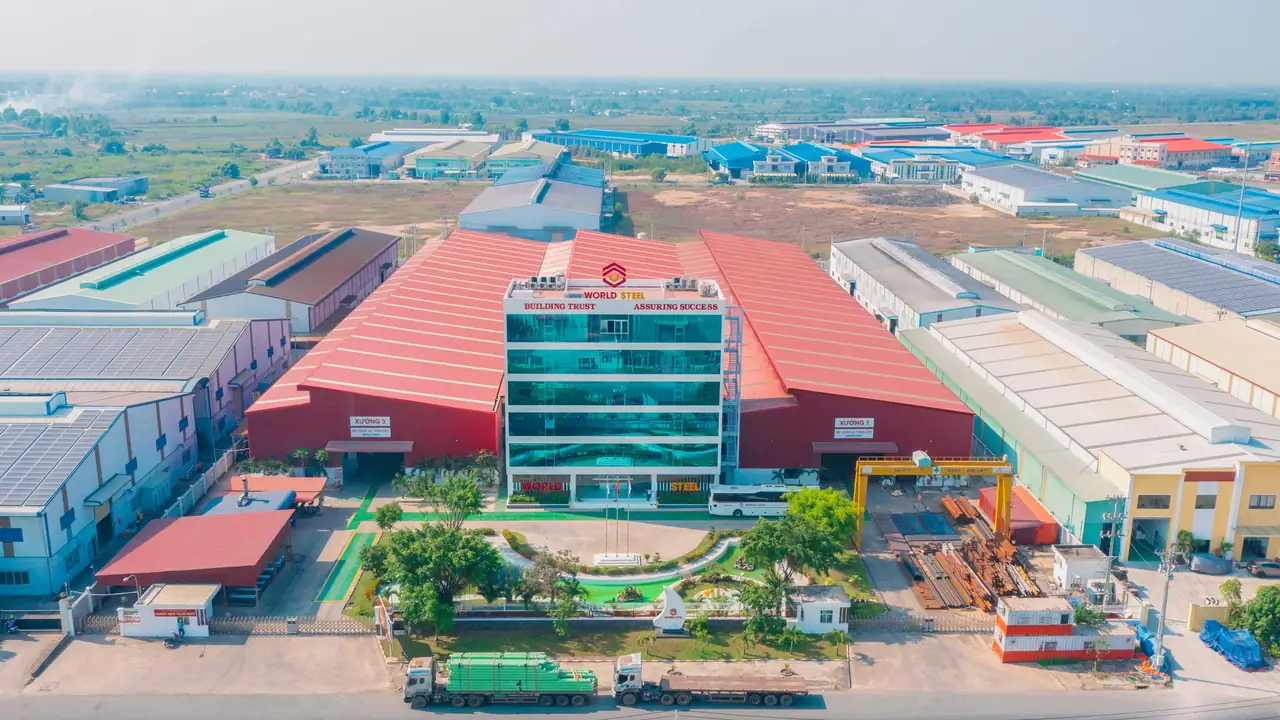 Aerial view of the World Steel steel-structure factory at Hai Son Industrial Park, Tay Ninh